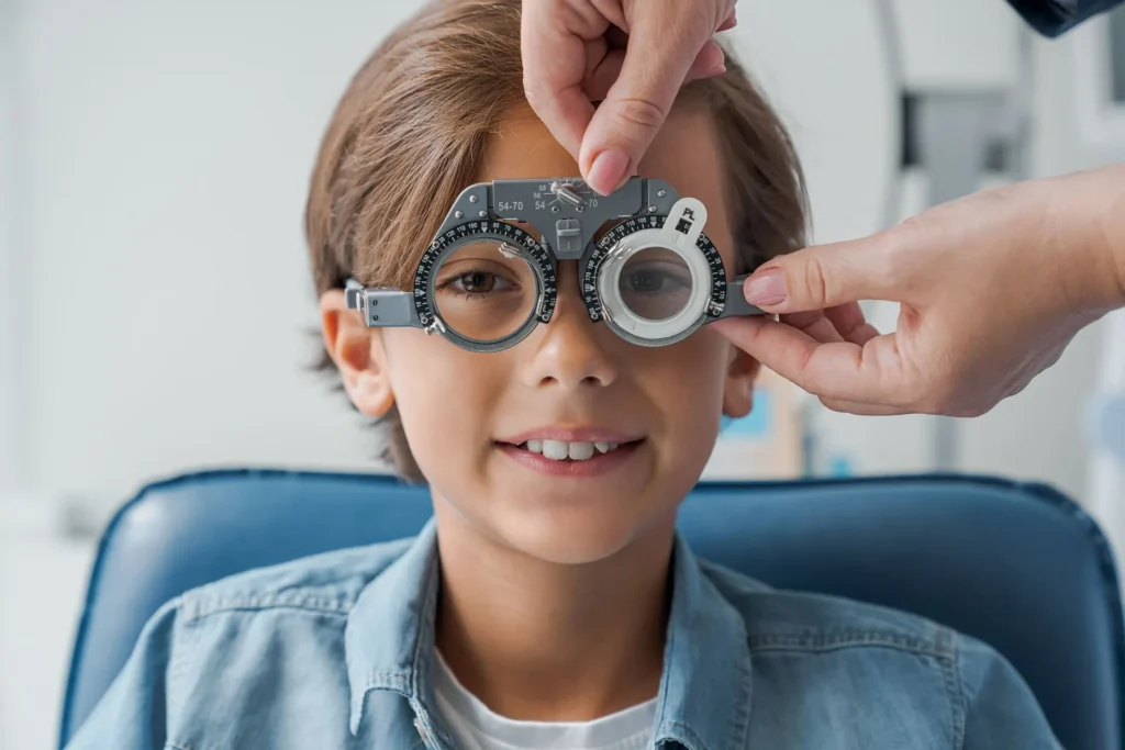 Niño durante una revisión de la vista con gafa de prueba